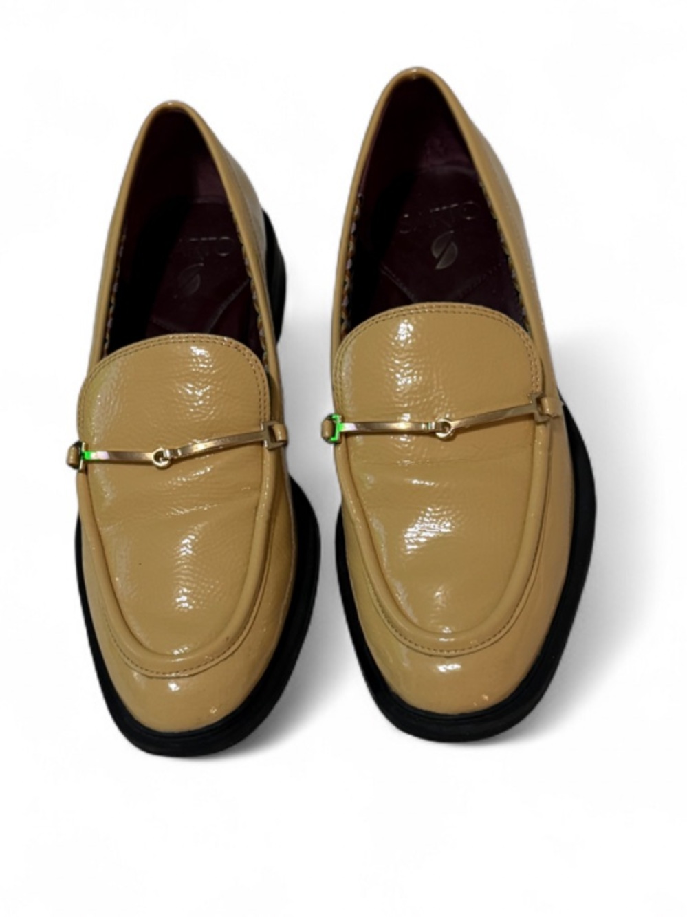 Franco Sarto Woman’s Tan Patent Leather Slip-On Loafers with Gold Accent